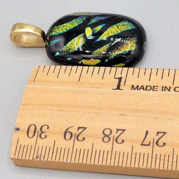Dichroic Glass Pendant With Gold Tone Bail Shiny Glittery Green Black - Picture 6 of 7